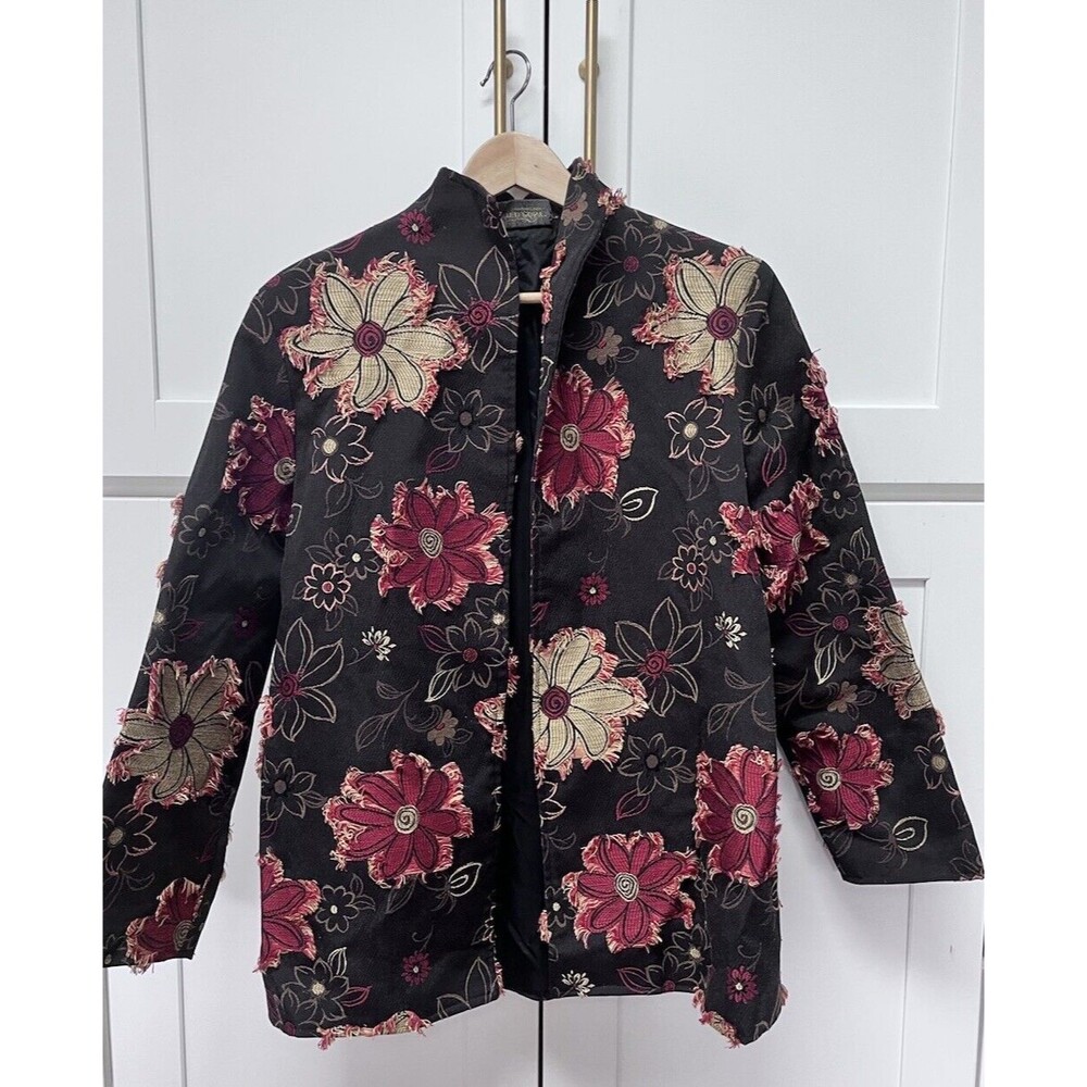 Painted Pony Uniquely USA Tapestry Open Blazer Jacket Floral Rayon L Frayed